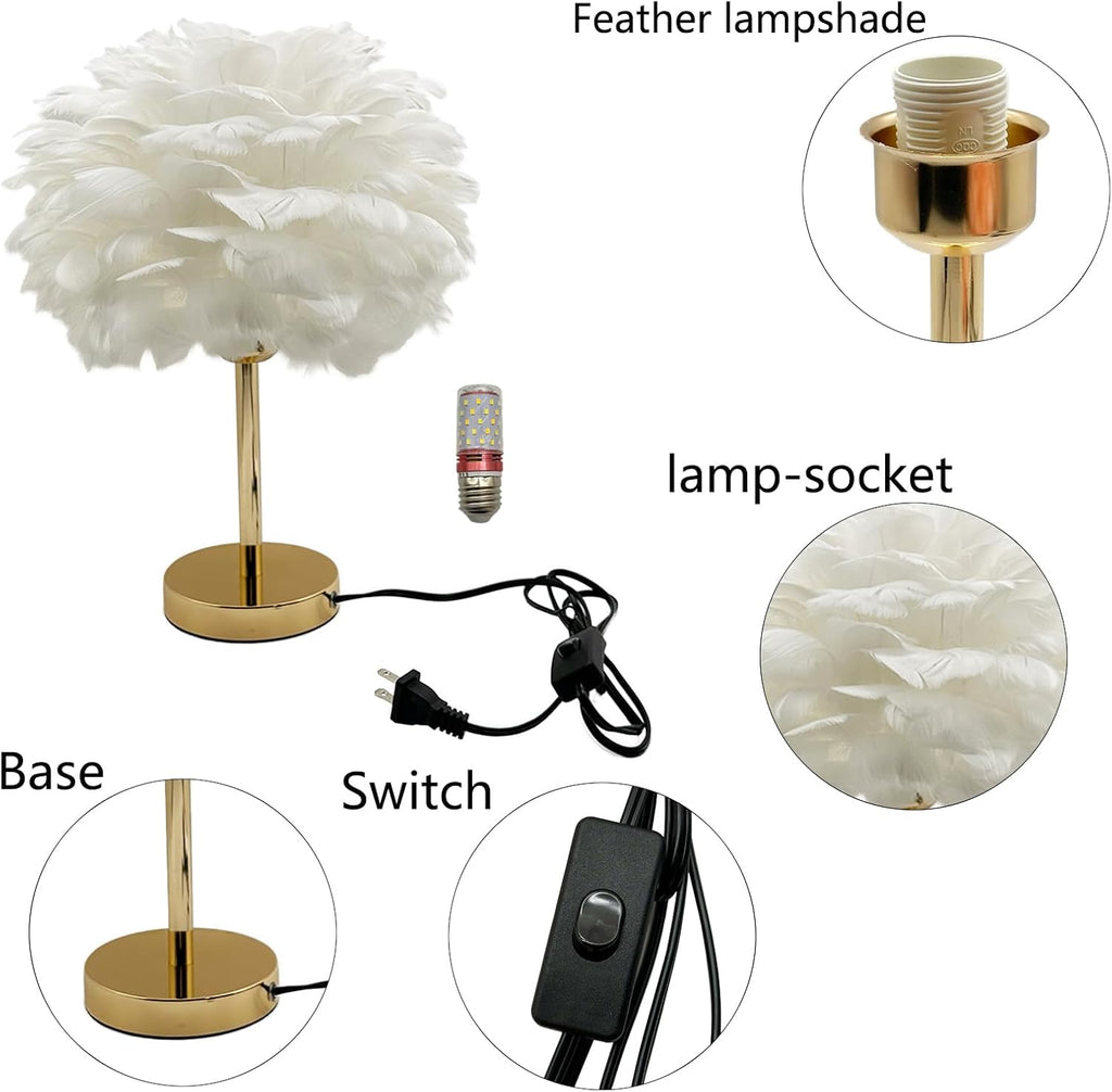 White Feather Table Lamp with Gold Finish - 3 Color Changing LED Bedside Desk Lamp, Modern Elegant Decor for Hotel Wedding Living Room, Ideal Gift for Women