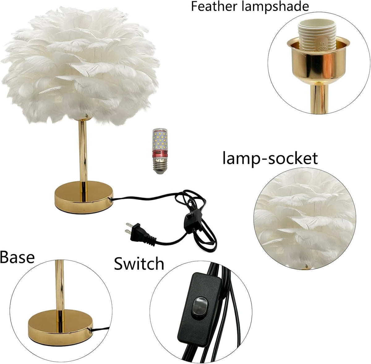 White Feather Table Lamp with Gold Finish - 3 Color Changing LED Bedside Desk Lamp, Modern Elegant Decor for Hotel Wedding Living Room, Ideal Gift for Women