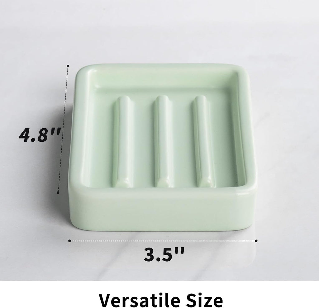 Matte Ceramic Soap Dish with Raised Ridges, Rectangle Bar Soap Holder for Bathroom Counter, Shower and Kitchen Sink, Mint