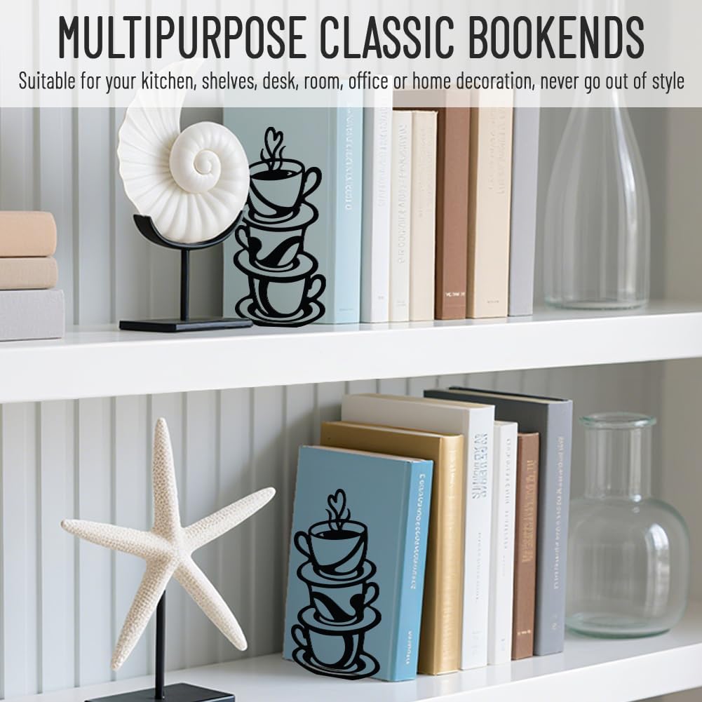 WADORN 1 Pair Coffee Cup & Saucer Metal Decorative Bookend for Shelves, Heavy Duty Book Ends Modern Non-Skid Books Holder Stand Black Book Support Stoppers for Office Desk Bookshelf, 5.3x4.3x7.8 Inch