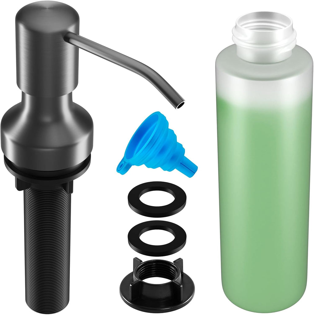 Soap Dispenser for Kitchen Sink, Kitchen Sink Soap Dispenser with 17 OZ Bottle, Refill from The Top Bar, Longer Threaded Shaft Shank, Wide Pump Head Base (Gray)