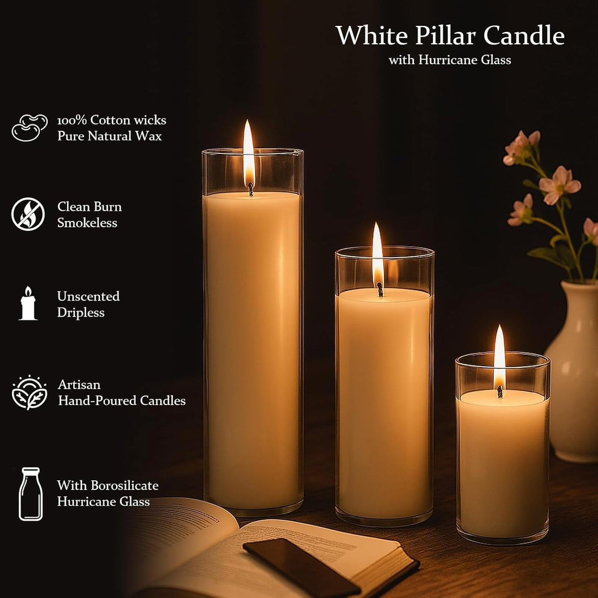 12 PCS Pillar White Candles in Glass,Hurricane Candles,Wedding Cylinder Candle,3 Different Lengths 2 x 3/6/8 Inch (4 Each),Creating an Atmosphere Suitable for Various Outdoor Activities.
