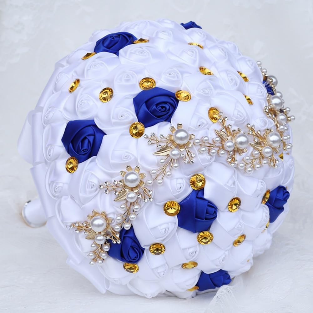 Bridal Wedding Bouquet with Golden Rhinestone Brooch Bouquet for Bride Bridesmaid Quinceanera Satin Rose Flower Bouquet Wedding Royal Blue and White 7.1in