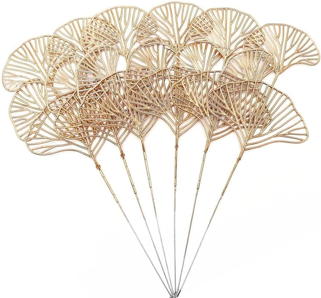 Fake Gold Ginkgo Leaves Stems 14 Inch 12 Pack, Artificial Golden Apricot Leaves Faux Apricot Leaf Stem Glitter Picks Bushes Faux Plants Decor Simulation Plant for Indoor Home Wedding Party Decoration