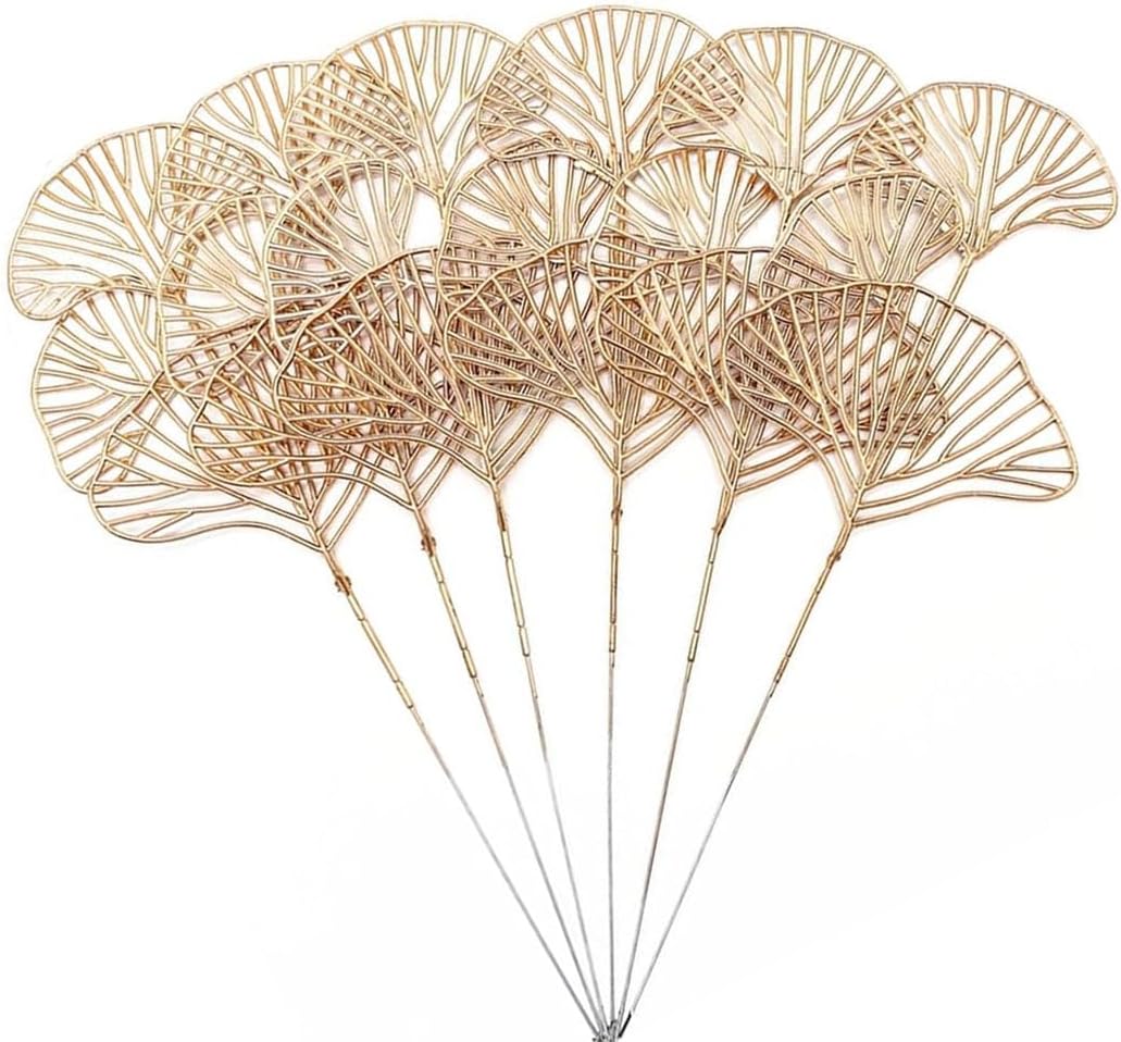 Fake Gold Ginkgo Leaves Stems 14 Inch 12 Pack, Artificial Golden Apricot Leaves Faux Apricot Leaf Stem Glitter Picks Bushes Faux Plants Decor Simulation Plant for Indoor Home Wedding Party Decoration