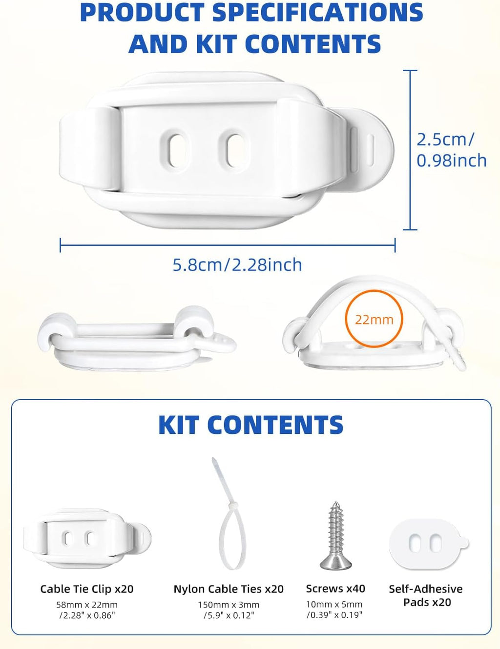20 Pack Adhesive Cable Clips, Adjustable Cable Management Clips White
