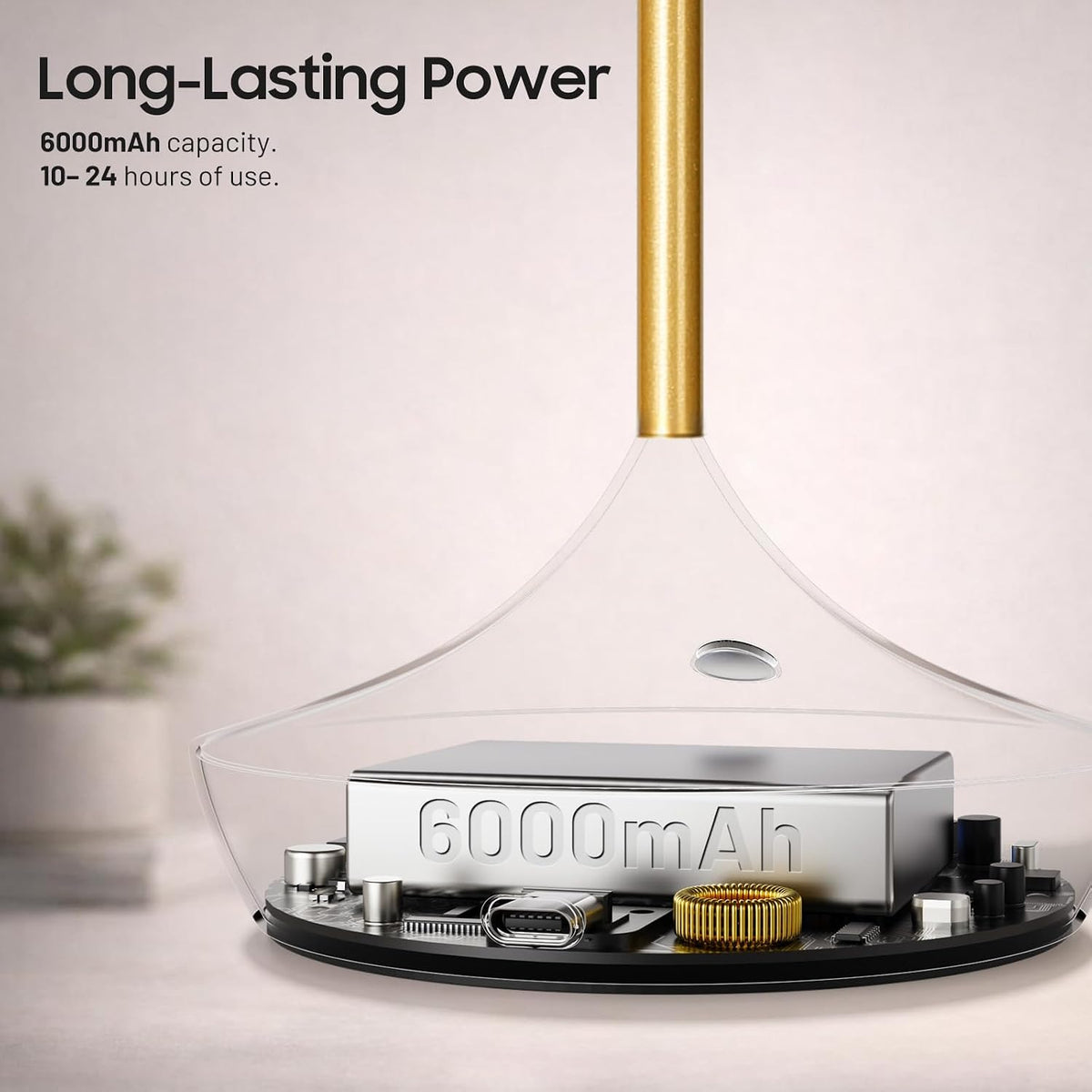 Cordless LED Table Lamp, Rechargeable, 3 Color Dimmable, Gold