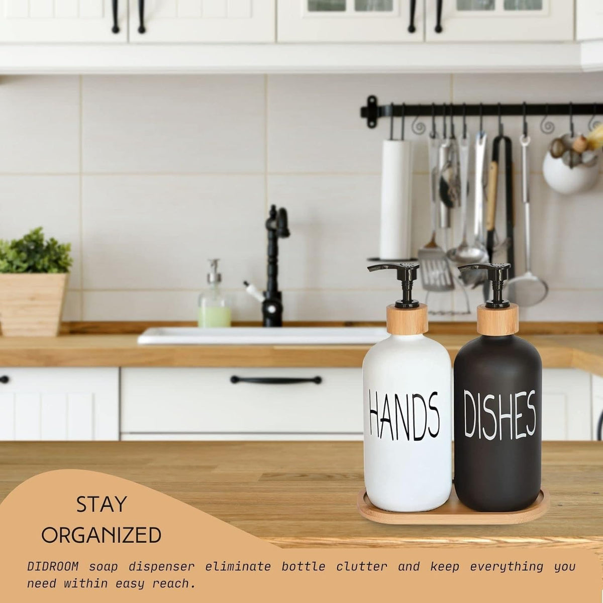Glass Soap Dispenser Set, Hand Soap and Dish Soap Dispenser with Bamboo Tray. Vintage Soap Dispenser with Pump for Kitchen Drain Outlet and Bathroom. Stylish Permanent Labels (Matte Black&White)