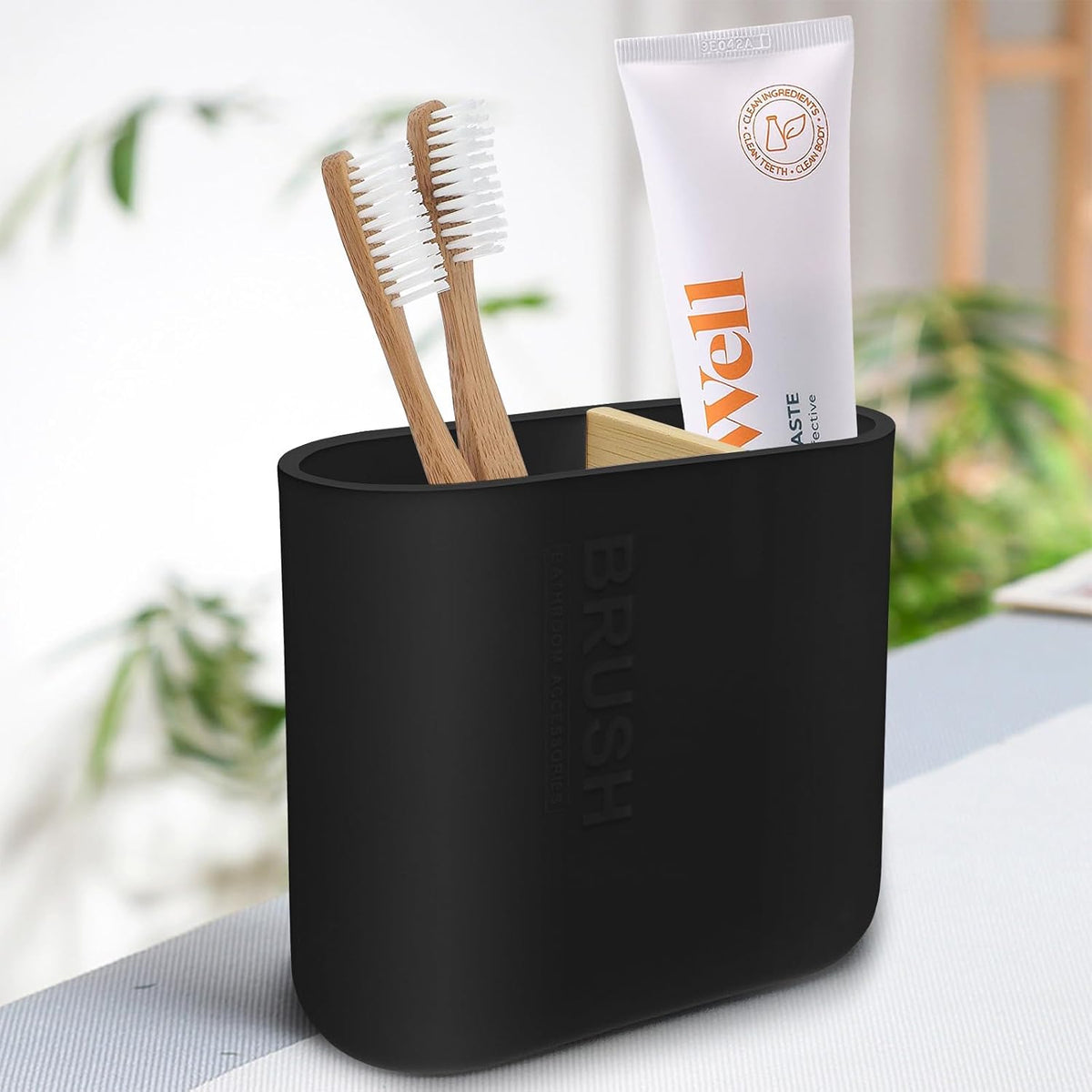 Toothbrush Holder with Bamboo Divider,Detachable for Easy Cleaning Multi-Functional Storage,2 Slots Electric Toothbrush and Toothpaste Organizer Caddy for Bathroom Vanity,Sink,Countertop (Black)