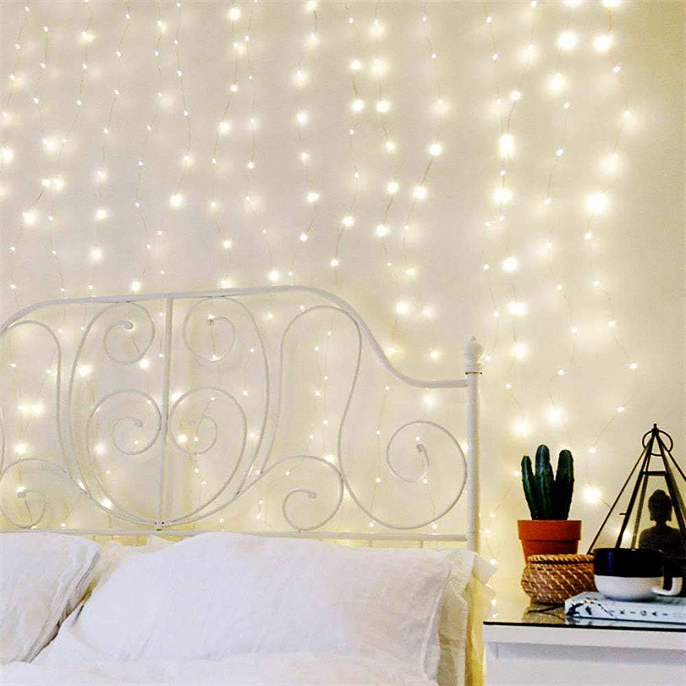 300 LED Fairy Curtain Window String Lights, Indoor String Lights 10 Ft with 8 Modes Fits Remote and Timer for Bedroom Wedding Party Patio and Christmas Decoration (Cold White)