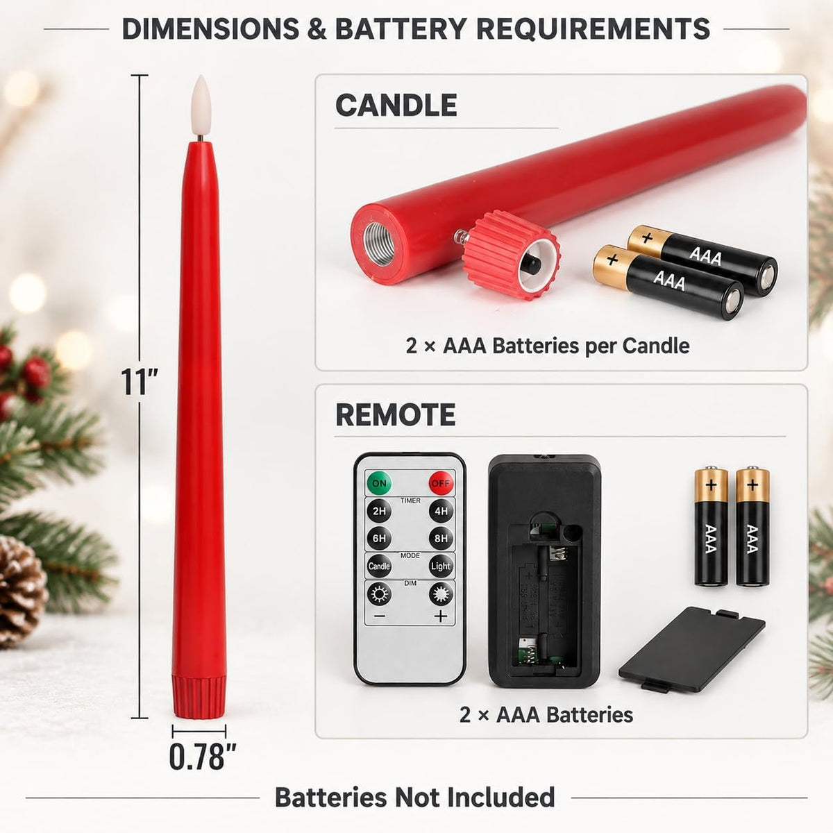 Red Flameless Taper Candles, Battery Operated Christmas Candles with Remote