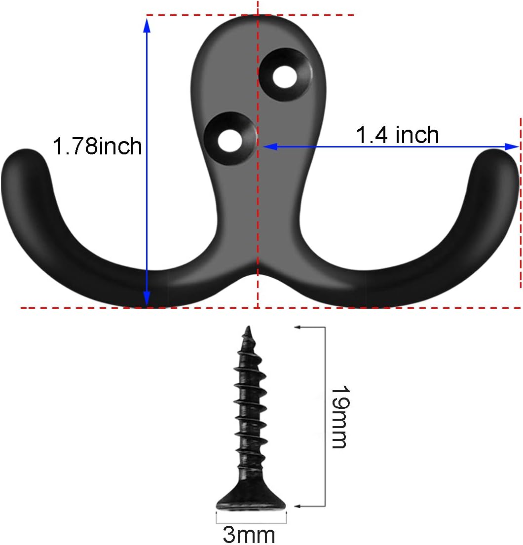 IBosins 10 Pack Black Double Prong Coat Hooks Wall Mounted with 20 Screws
