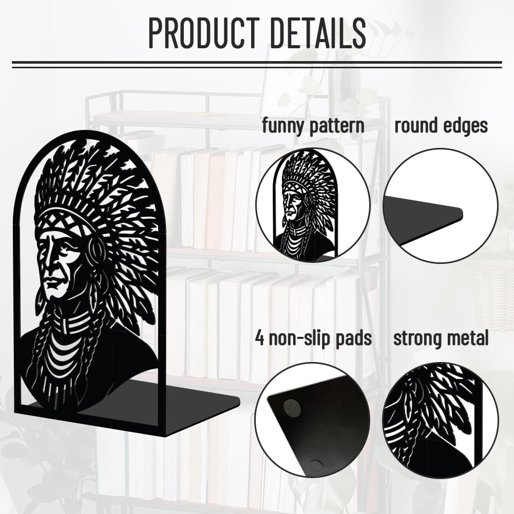 WADORN 1 Pair Metal Decorative Bookend for Shelves, Chiefs Figure Design