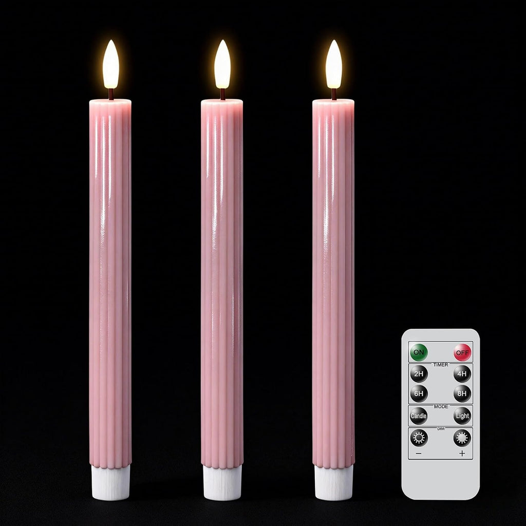 Pink Flameless Taper Candles Battery Operated with Remote Timer