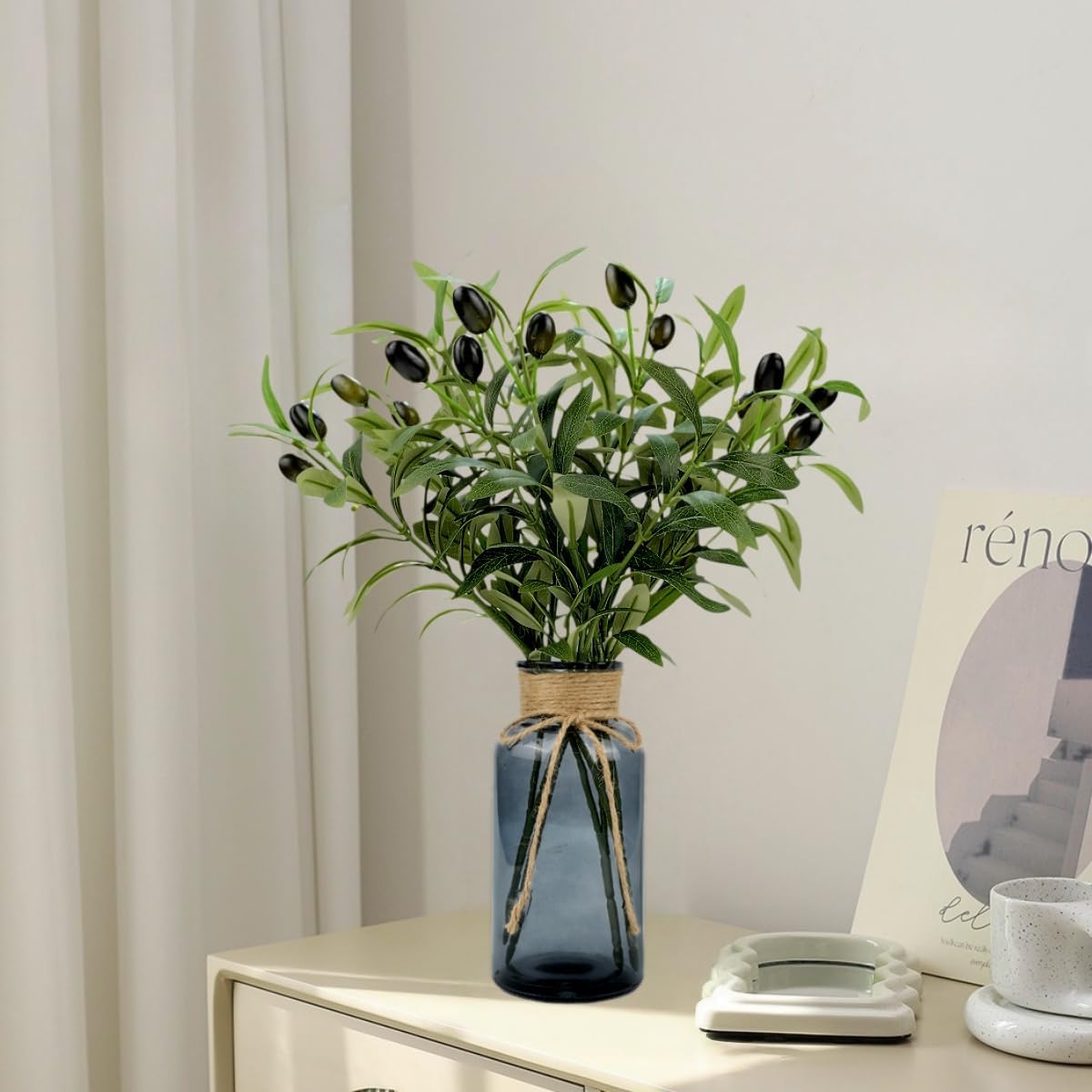 Artificial Plants Olive Branch in Glass Vase, 14.5” Fake Plant Greenery Stems with Olive Branches Faux Eucalyptus Stems for Home Office Farmhouse Wedding Table Centerpiece Décor, Gray Vase