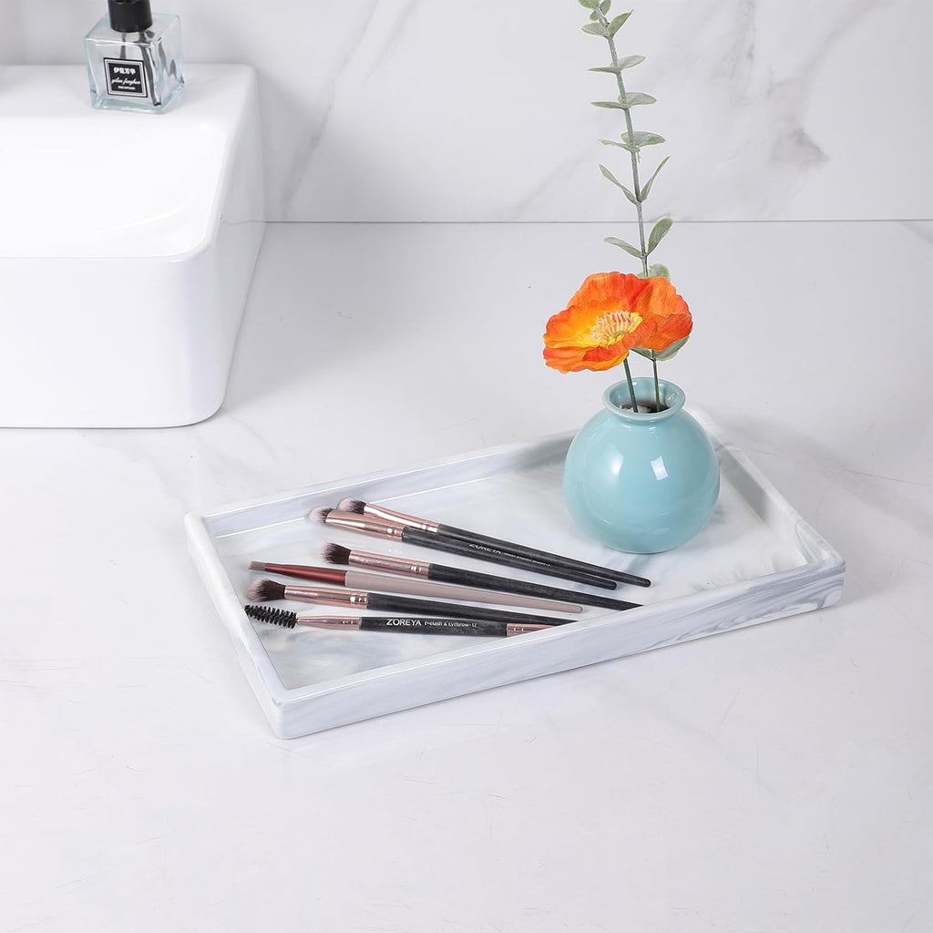 Bathroom Vanity Tray - 11'' Ceramic Rough-Textured Rectangle Countertop Tray, Heavy-Duty Organizer Plate for Perfume, Jewelry, Candles, Soap Dispenser, Kitchen Decorative Trays, Marble White