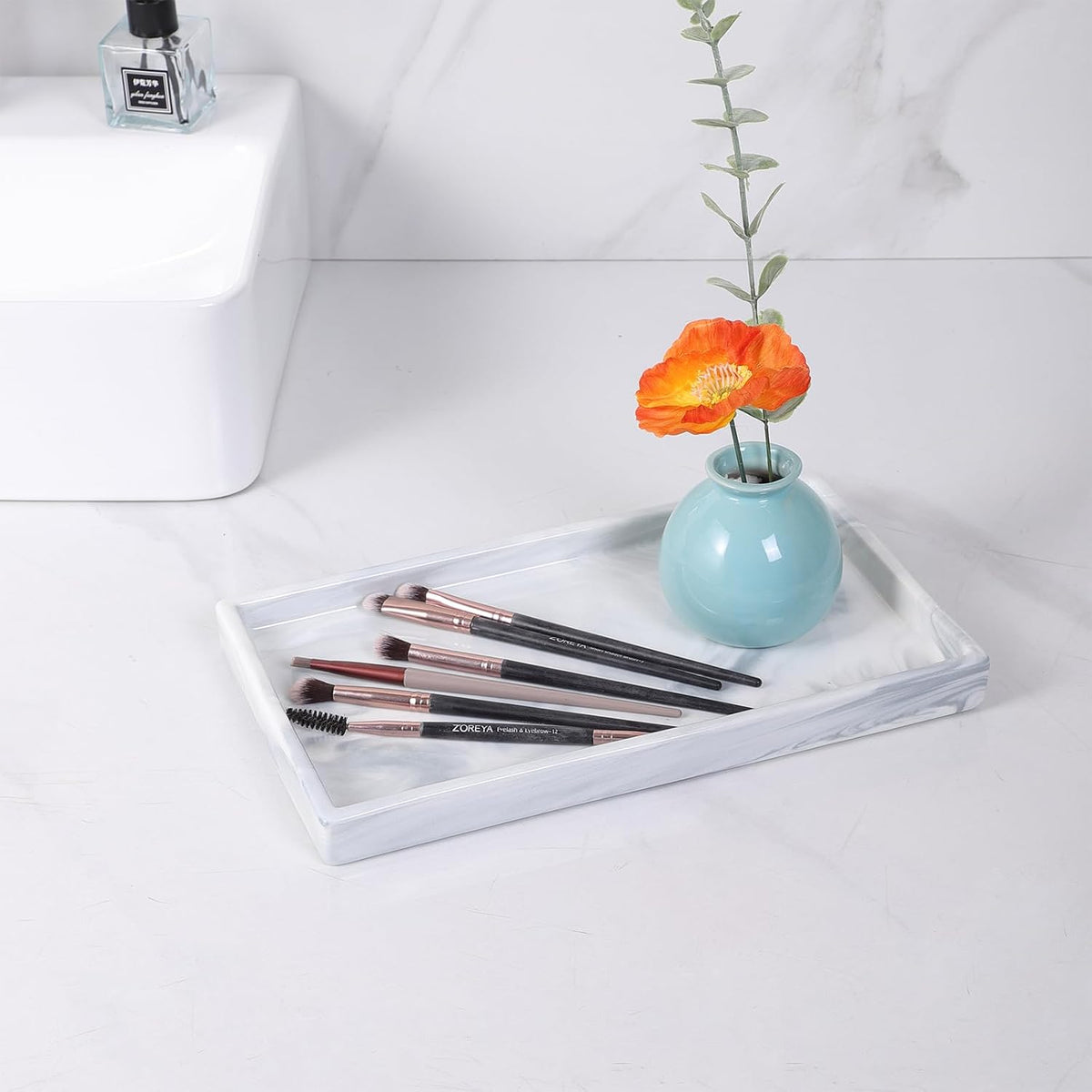 Bathroom Vanity Tray - 11'' Ceramic Rough-Textured Rectangle Countertop Tray, Heavy-Duty Organizer Plate for Perfume, Jewelry, Candles, Soap Dispenser, Kitchen Decorative Trays, Marble White