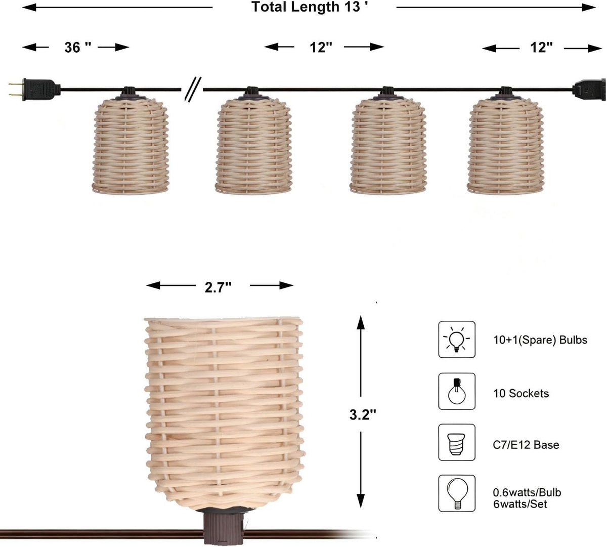 Plug-In Lantern String Lights, 13FT Rattan String Lights 10 Bulbs White