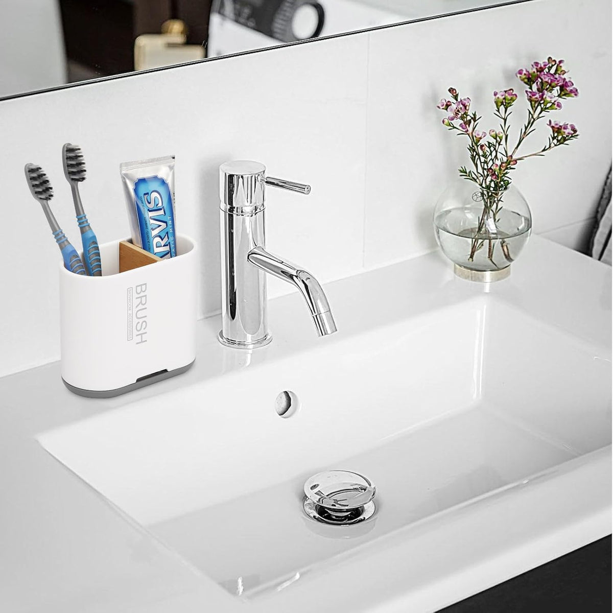 Bamboo Toothbrush Holder for Bathrooms Toothpaste Organizer, Small, White