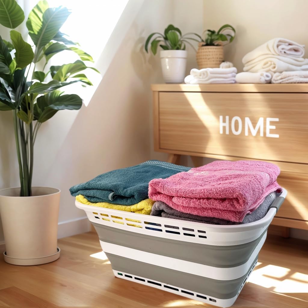 SAMMART 42L (11 Galloons) Collapsible Plastic Laundry Basket - Foldable Pop Up Storage Container/Organizer - Portable Washing Tub - Space Saving Hamper/Basket [BPA Free] (White/Grey (Set of 2))