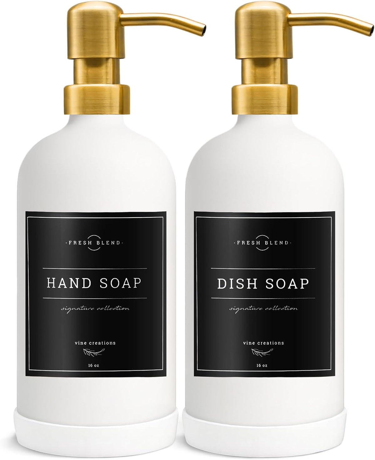 Vine Creations Glass Soap Dispenser, 2 Pack Kitchen Soap Dispenser Set with Stainless Steel Pump, 16 oz Dish Soap and Hand Soap Dispensers for Bathroom with Waterproof Labels (White)