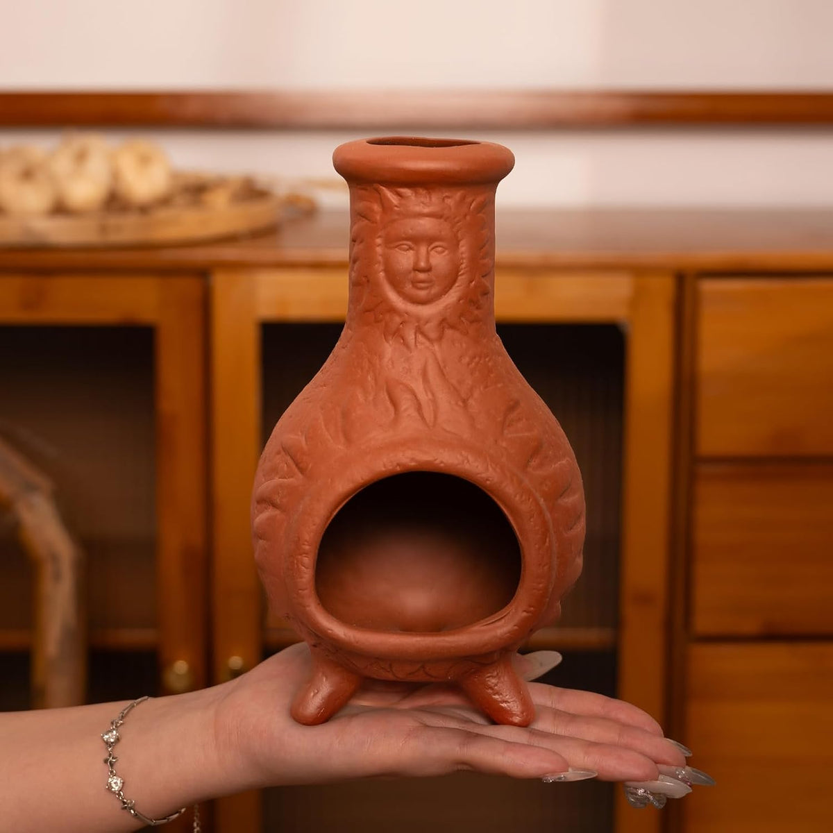 MOUGIGI Sun Face Terracotta Palo Santo Holder,Mini Chiminea Incense Burner