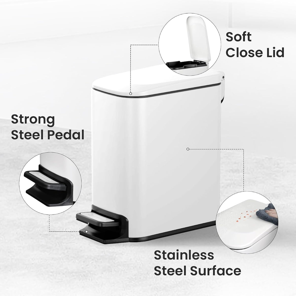 Cesun Small Bathroom Trash Can with Lid, 1.6 Gal, Soft Close, White