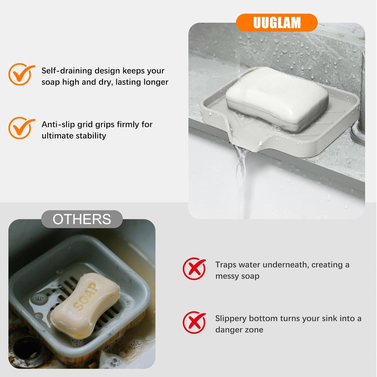 2 Pack Silicone Soap Dish, Self Draining Soap Dish Black&Beige