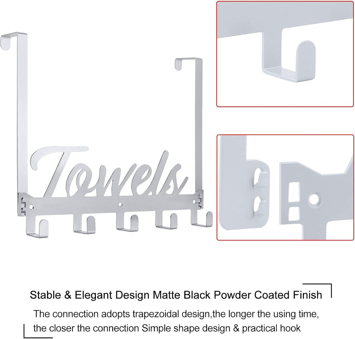 Azmoncy Over The Door Hooks, Towel Hook Towel Holder Over Door Towel Hanger Door Hanger with 5 Coat Hooks Towel Rack for Bathroom Bedroom Kitchen, Chrome