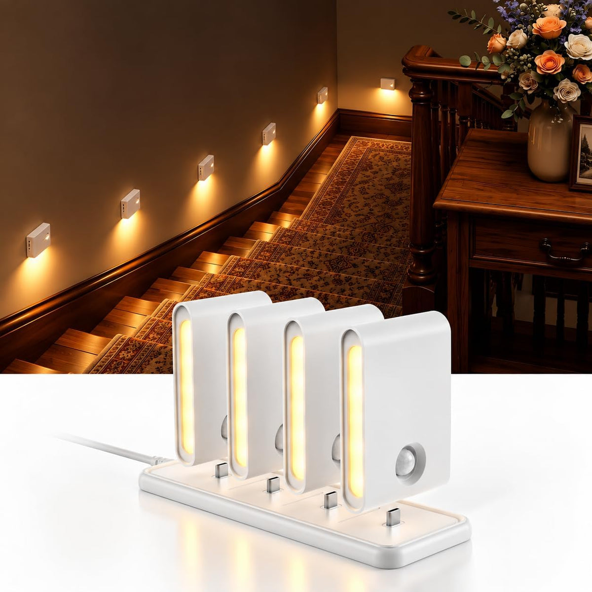 EZVALO Motion Sensor Night Lights, Rechargeable 1500mAh LED Stair Lights with Magnetic & Dimmable, Auto On/Off 3000K Soft White, Stick-On for Stairs, Hallway, Bathroom (4 Pack with Charging Station)