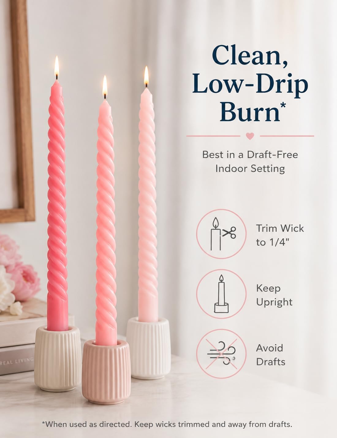 10 Inch Gradient-Pink Spiral Taper Candle Set, 6 Pack Unscented Dripless Candlesticks for Wedding, Holiday Décor, and Festive Dinners