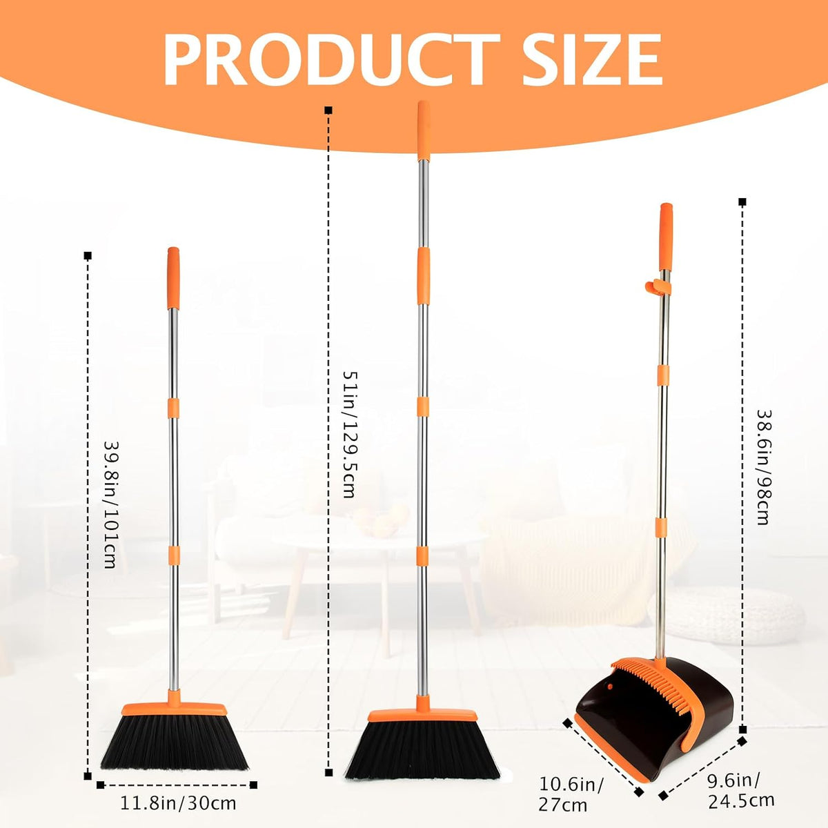 2-Pack Broom and Dustpan Combo Set, Long Handle, Brown Orange