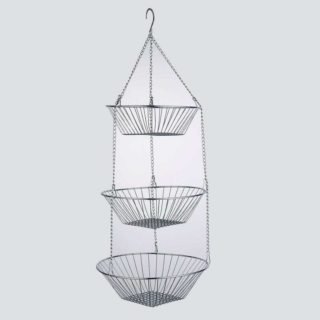 JUNCHU CHERRY 3-Tier Wire Fruit Hanging Basket 2 Packs, non-Punching Wall Hanging Storage, Kitchen Bathroom Organization Basket, Suitable for Bathroom, Kitchen, Closet, Garden, Chrome