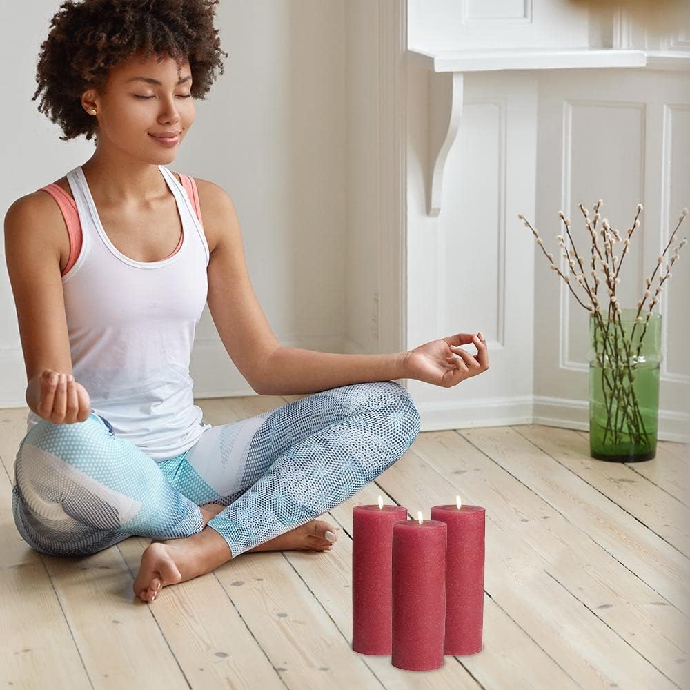 Mottled Pillar Candles by Bask - Set of 6-3" x 6" Dripless Unscented Holiday Candles in Cranberry for Home Decor, Relaxation & All Occasions
