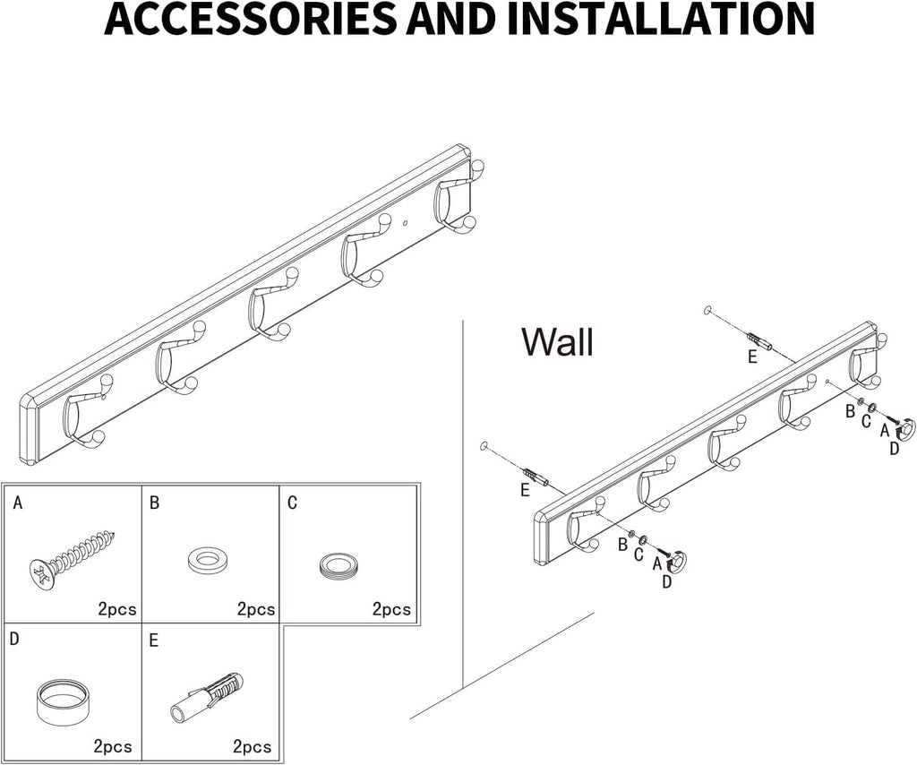 Heavy Duty Wooden Coat Rack, Wall-Mounted, Black Hook White Board, 24 Inch