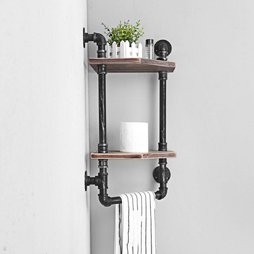 MBQQ Industrial Pipe Shelf,Rustic Corner Shelves with Towel Bar,Bathroom Shelves Wall Mounted,2 Tiered Metal&Real Wood Home Decor Floating Shelves