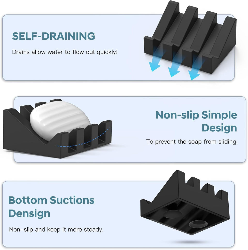 Silicone Soap Dish with Suction Cups, Self Draining Soap Holder 2 Pack