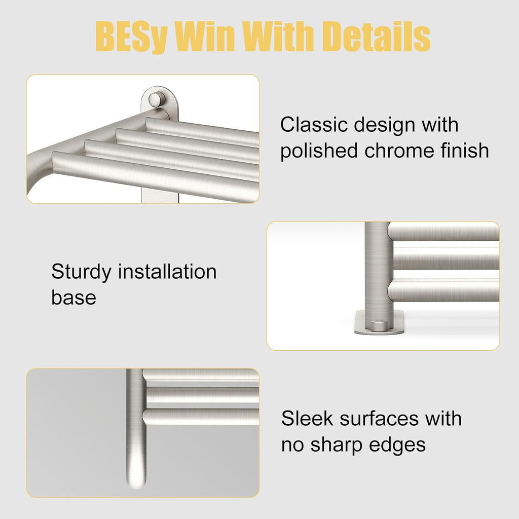 BESy Adjustable Bathroom Towel Rack with Shelf, Towel Bar, Nickel