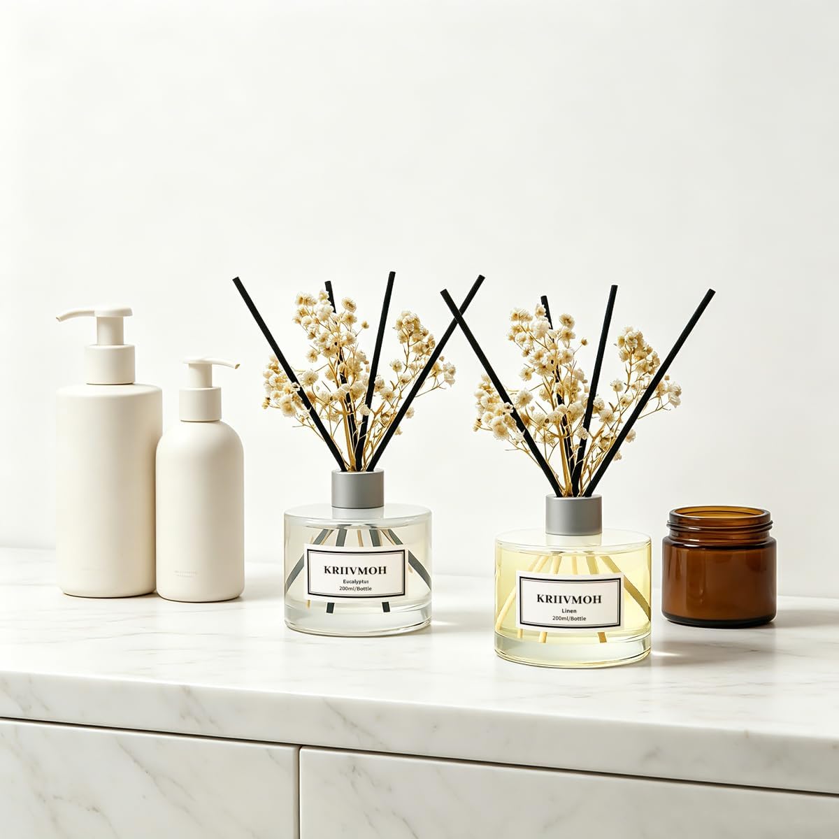 Reed Diffuser Set, 6.7 fl oz Eucalyptus Linen Scented Oil Diffuser with 8 Reed Sticks, Home Fragrance Reed Diffuser for Bathroom Shelf Decor 200ml