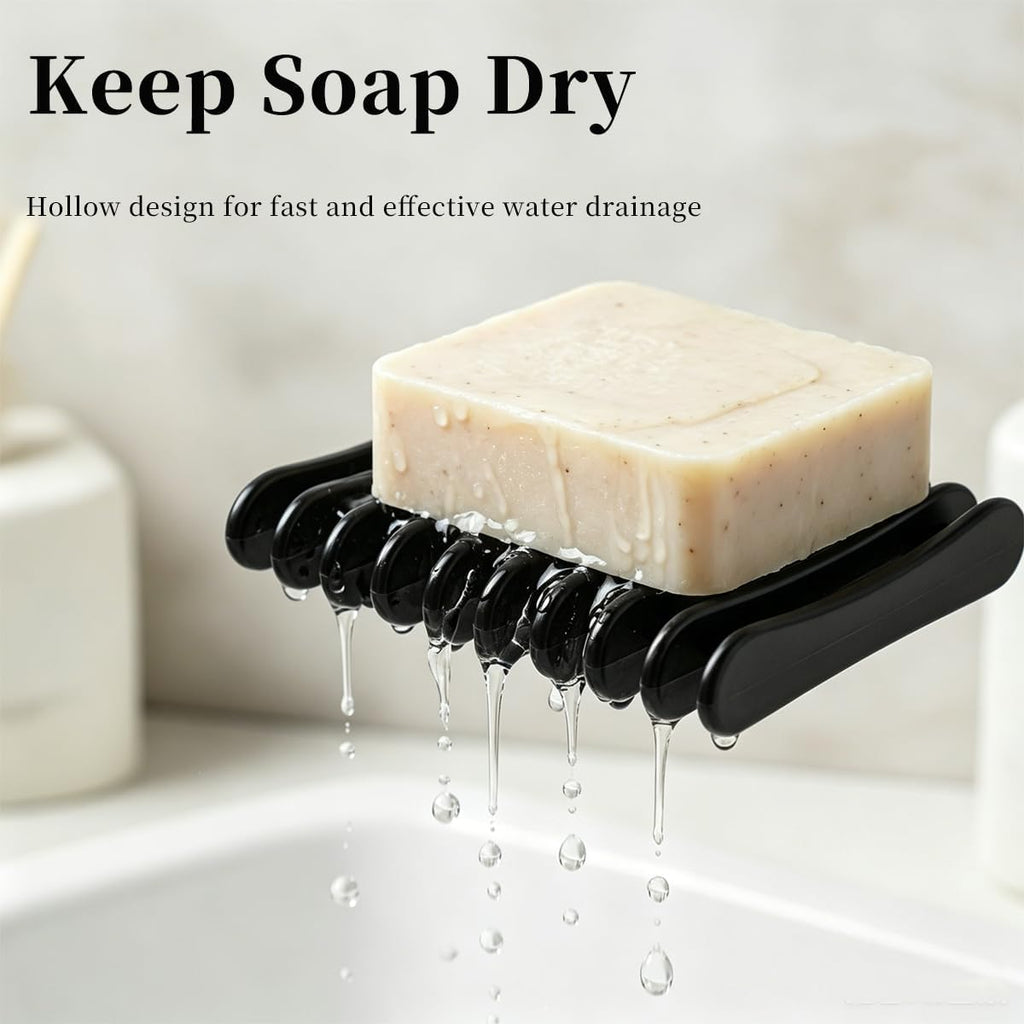 2 Pcs Black Plastic Soap Dish, Self Draining Waterfall Design Bar Soap Holder, Non-Slip Soap Saver Tray Keeps Soap Dry for Shower Bathroom Kitchen Countertop