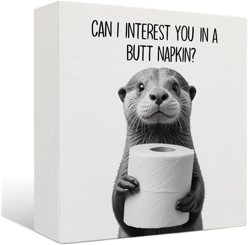 Funny Otter Bathroom Decor - Funny Bathroom Decor, Rustic Otter Wooden Box Signs, 6 X 6 Inches