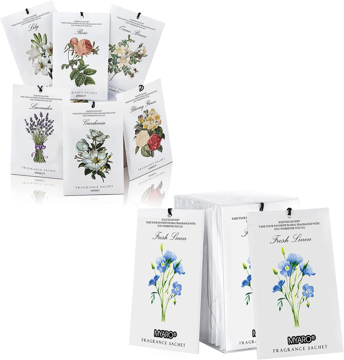 MYARO 12 Packs Scented Sachets for Drawer and Closet, Long-Lasting Sachets Bags Home Fragrance Sachet - Lavender, Rose, Jasmine, Ocean, Gardenia, Lily and MYARO 12 Packs Linen Scented Sachets