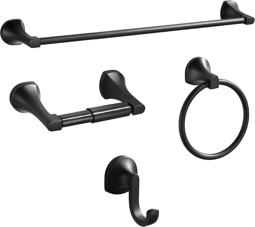 BGL Bathroom Hardware Set Matte Black Adjustable Expandable Towel Bar 4-Piece Bathroom Accessory Set Wall Mounted Robe Hook Toilet Paper Holder Towel Ring Towel Bar