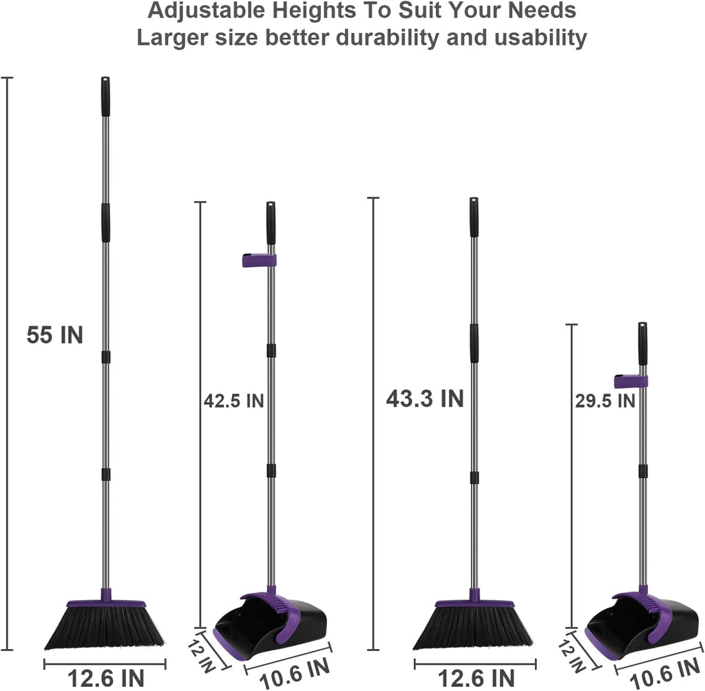 Purple Broom and Dustpan Combo Set, 55" Long Handle Broom
