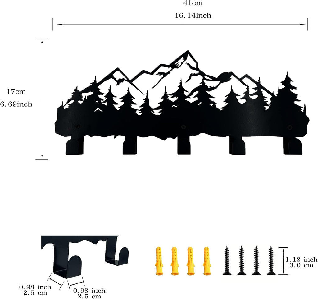 Metal Mountain Coat Hooks and Key Holder, Mountain Design Wall Art Decor, Clothes Hat Rack, and Backpack Hanger, Storage Decor for Living Room, Hallway, Office, Kitchen, Entryway, and Bedroom