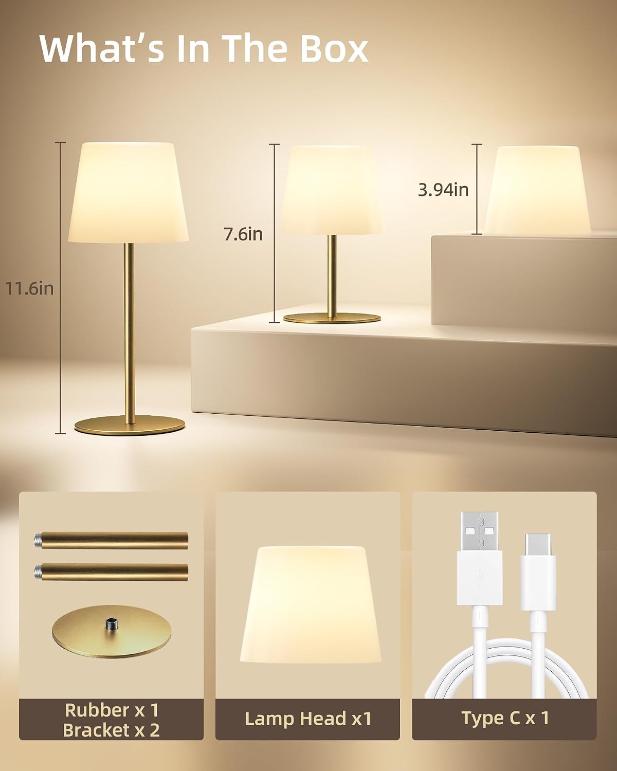 EZVALO Outdoor Cordless Table Lamp, IP65 Waterproof 4500mAh Rechargeble Shower Lamp, Dimmable Touch Lamp, LED Night Light Lamp for Bathroom Patio Camping Restaurant Home 1 Pack (Gold)