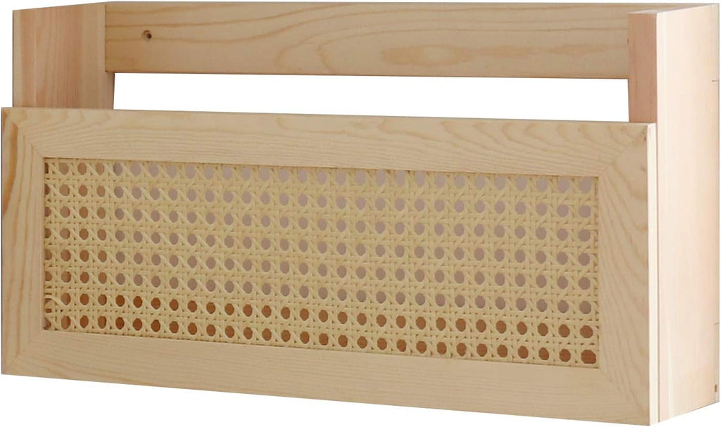 FIRADE Wood Magazine Wall Rack with PE Rattan Grid,Size 17.3" x 4" x 9.4",File Holder For Entryway,Living Room,Waiting Room,Kids’ room,Office