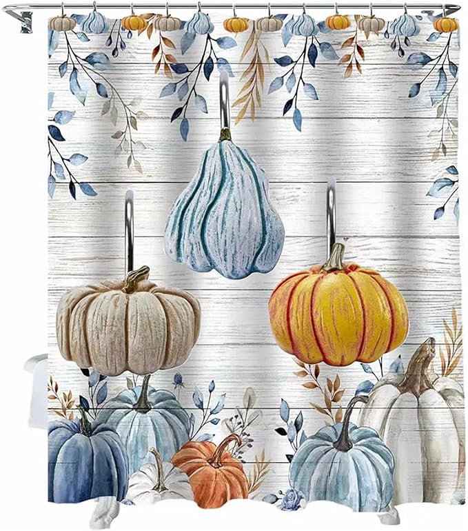 12PCS Fall Pumpkin Shower Curtain Hooks, Autumn Harvest Thanksgiving Decorative Shower Curtain Hooks, Metal Rustproof Shower Curtain Rings for Bathroom Décor