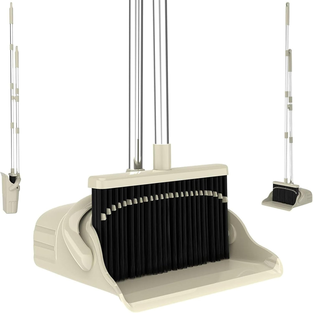 Broom and Dustpan Set, 52-Inch Adjustable Long Handle with Self-Cleaning Comb Teeth, Flexible TPR Lip and Foot-Assisted Fold-Up Dustpan for Home, Kitchen, Office and Apartment, Gray Yellow