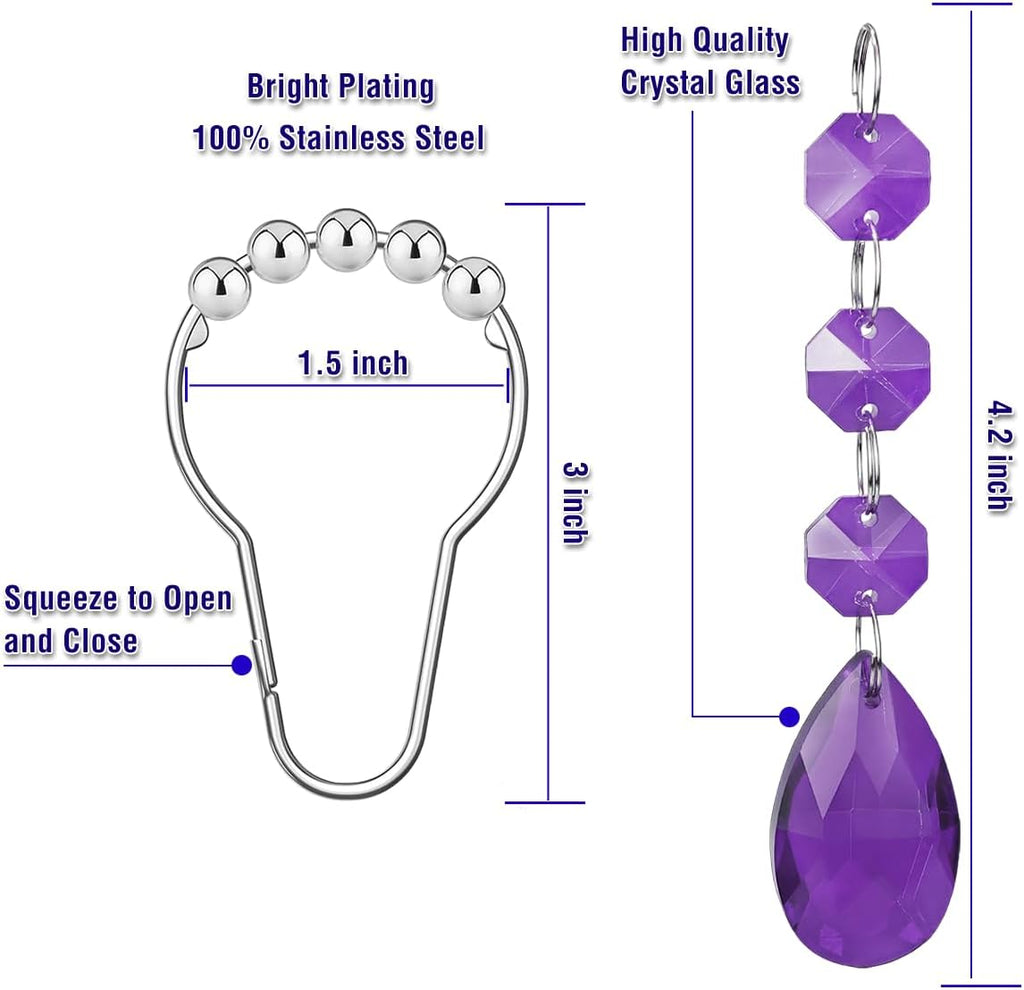 Shower Curtain Hooks Rings for Bathroom, 12PCS Gemstone Crystal Bead Water Drop Stainless Steel Rust Resistant Clear Shower Curtain Rings (Purple)